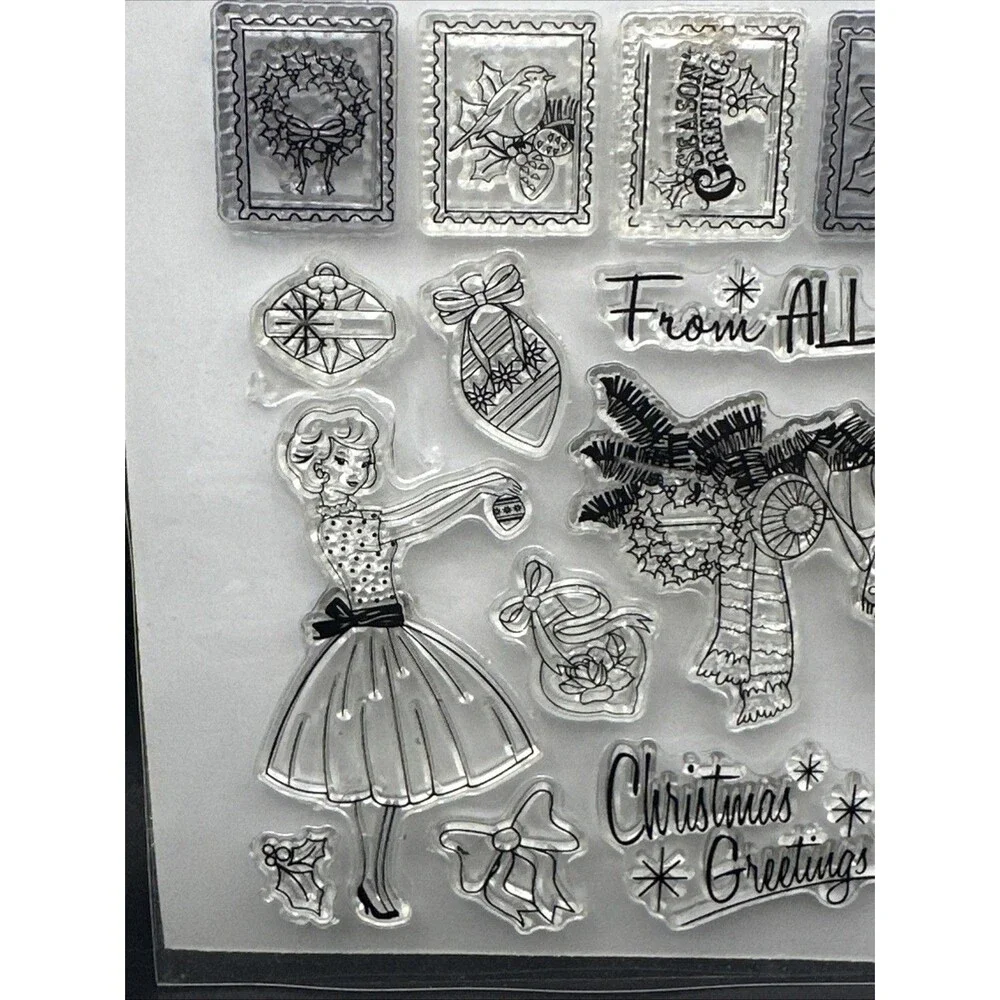 Happy Holidays 21 Vintage look Christmas Cling Stamp Set Retro Cardmaking UK 50s